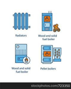 Heating color icons set. Radiator, firewood and pellet boiler, solid fuel heater. Isolated vector illustrations. Heating color icons set