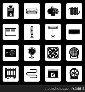 Heating cooling air icons set in white squares on black background simple style vector illustration. Heating cooling air icons set squares vector