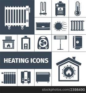 Heating devices boiler radiator fireplace warm home flat black silhouette decorative icon set isolated vector illustration. Heating Flat Icon Set