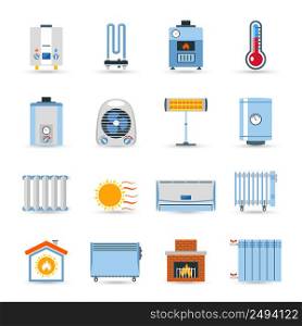 Heating devices boilers radiators and emitter or fireplace flat color icon set isolated vector illustration. Heating Flat Color Icon Set