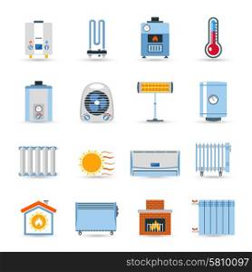 Heating Flat Color Icon Set. Heating devices boilers radiators and emitter or fireplace flat color icon set isolated vector illustration