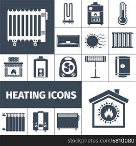 Heating Flat Icon Set. Heating devices boiler radiator fireplace warm home flat black silhouette decorative icon set isolated vector illustration