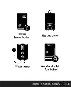 Heating glyph icons set. Electric boiler, gas and electric tankless water heater, solid fuel boiler. Silhouette symbols. Vector isolated illustration. Heating glyph icons set