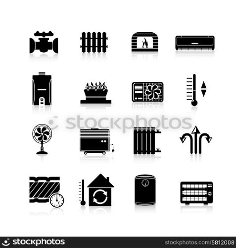 Heating icons black set with heat and cooling household system symbols isolated vector illustration. Heating Icons Black Set
