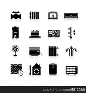 Heating icons black set with heat and cooling household system symbols isolated vector illustration. Heating Icons Black Set
