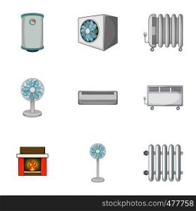 Heating icons set. Cartoon set of 9 heating vector icons for web isolated on white background. Heating icons set, cartoon style