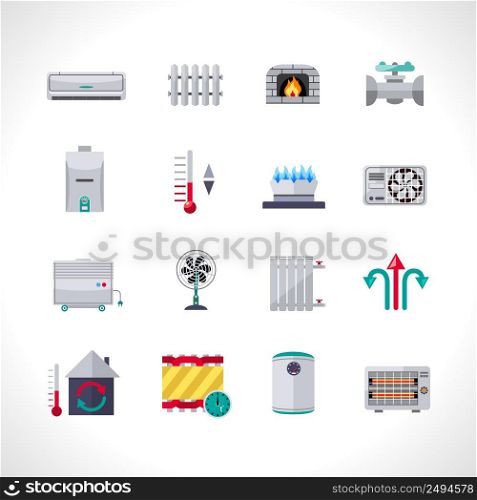 Heating icons set with household electric and air conditioning system symbols isolated vector illustration. Heating Icons Set