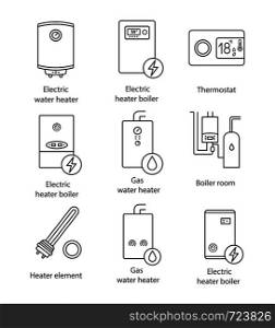 Heating linear icons set. Boilers, heaters, thermostat, boiler room. Gas and electric water heater. Contour symbols. Isolated vector outline illustrations. Editable stroke. Heating linear icons set