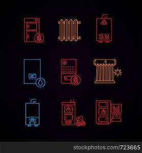Heating neon light icons set. Boilers, radiators, water heaters. Gas, electric, solid fuel, pellet, solar boilers. Glowing signs. Vector isolated illustrations. Heating neon light icons set