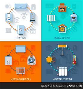 Heating System Icon Set. Heating device system and warm house electric and fire flat color icon set isolated vector illustration