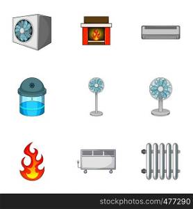 Heating system icons set. Cartoon set of 9 heating system vector icons for web isolated on white background. Heating system icons set, cartoon style