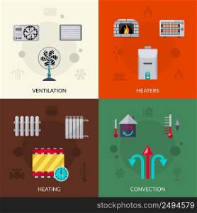 Heating ventilation and convection flat icons set isolated vector illustration. Heating Ventilation And Convection Icons Set