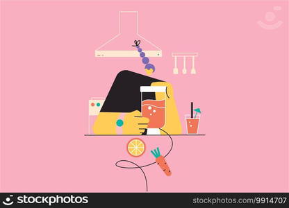 Heatlh, care, food, drink, vegetarian, cooking concept. Happy young woman girl vegan preparing tasty delicious nutritious smoothie in blender at home kitchen. Healthy lifestyle and diet illustration. Heatlh, care, food, drink, vegetarian, diet, cooking concept