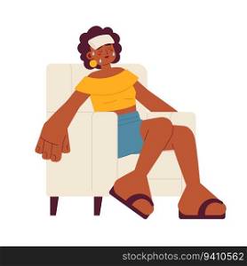 Heatstroke first aid flat vector spot illustration. African american woman with wet cloth on forehead 2D cartoon character on white for web UI design. Menopause isolated editable creative hero image. Heatstroke first aid flat vector spot illustration