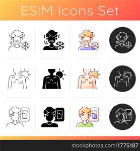 Heatstroke prevention icons set. Chills as symptom of sunstroke. Fluid filled blister. Thirst from dehydration during summer. Linear, black and RGB color styles. Isolated vector illustrations. Heatstroke prevention icons set