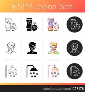 Heatstroke risk during summer icons set. Applying sunscreen every 2 hours. Cooling shower. Nausea from sun stroke. Linear, black and RGB color styles. Isolated vector illustrations. Heatstroke risk during summer icons set