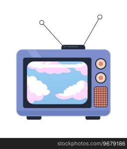 Heaven cloudscape on vintage tv 2D cartoon object. Old fashioned retro television program isolated vector item white background. Clouds sky nature. Watch nostalgia show color flat spot illustration. Heaven cloudscape on vintage tv 2D cartoon object