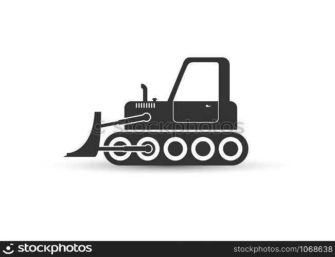 Heavy bulldozer icon for layer-by-layer digging, planning and moving of soils. Flat design. Black icon on white background.