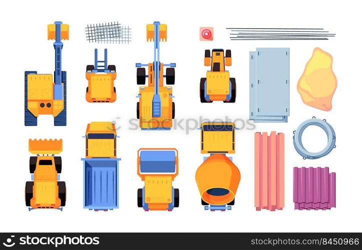 Heavy cars top view. Yellow excavation trucks for builders bulldozer tractor vehicles for construction buildings diggers vector set isolated in cartoon style. Illustration of heavy vehicle top view. Heavy cars top view. Yellow excavation trucks for builders bulldozer tractor vehicles for construction buildings diggers garish vector pictures set isolated in cartoon style
