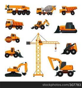 Heavy construction machines. Excavator, bulldozer and other technique. Vector illustrations in cartoon style. Bulldozer and digger equipment machine. Heavy construction machines. Excavator, bulldozer and other technique. Vector illustrations in cartoon style