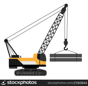 Heavy crane for moving heavy loads on construction site in flat. Industrial machinery and equipment. Vector Isolated on white back