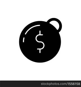 Heavy debt black glyph icon. Economic depression. Financial recession. Tax to pay. Business bankruptcy. Owe money. Burden of credit. Silhouette symbol on white space. Vector isolated illustration. Heavy debt black glyph icon