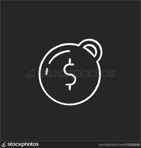Heavy debt chalk white icon on black background. Economic depression. Financial recession. Prison ball with dollar sign. Owe money. Burden of credit. Isolated vector chalkboard illustration. Heavy debt chalk white icon on black background