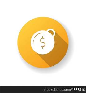 Heavy debt flat design long shadow glyph icon. Economic depression. Financial recession. Tax to pay. Prison ball with dollar sign. Owe money. Burden of credit. Silhouette RGB color illustration. Heavy debt yellow flat design long shadow glyph icon