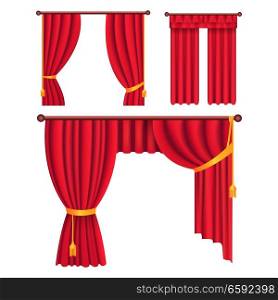 Heavy drapes of red fabric with gold tie back ribbon, tassels and lambrequin isolated vectors set.    Classic victorian curtains on cornice illustration for window dressing and interior design concept. Red Drapes with Gold Tieback and Lambrequin Vector