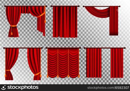 Heavy drapes of red fabric with gold tie back ribbons, tassels and lambrequin vectors set on transparet background. Crtains on cornice illustration for window dressing or interior design concept. Red Drapes with Gold Tieback and Lambrequin Vector