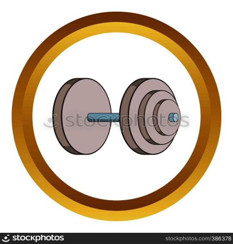 Heavy dumbbell vector icon in golden circle, cartoon style isolated on white background. Heavy dumbbell vector icon