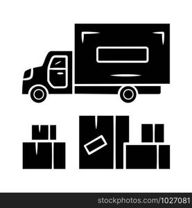 Heavy goods delivery glyph icon. Cargo shipping lorry. Freight transportation truck. Delivery van. Postal service. Export and import. Silhouette symbol. Negative space. Vector isolated illustration