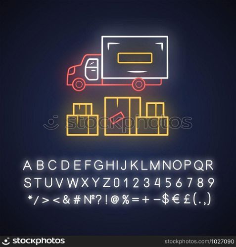 Heavy goods delivery neon light icon. Cargo shipping lorry. Freight transportation truck. Delivery van. Postal service vehicle. Export, import. Glowing alphabet, numbers. Vector isolated illustration