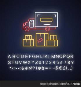 Heavy goods delivery neon light icon. Cargo shipping lorry. Freight transportation truck. Delivery van. Postal service vehicle. Export, import. Glowing alphabet, numbers. Vector isolated illustration