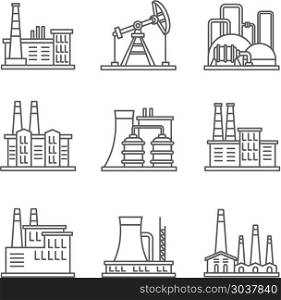 Heavy industry power plant and factory thin line vector icons. Heavy industry power plant and factory thin line vector icons. Set of nuclear factory, illustration power industry of factory