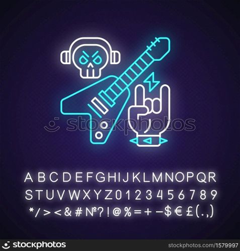 Heavy metal neon light icon. Rock songs types. Electrical guitar. Skull with headphones. Outer glowing effect. Sign with alphabet, numbers and symbols. Vector isolated RGB color illustration. Heavy metal neon light icon