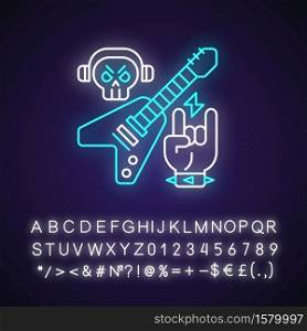 Heavy metal neon light icon. Rock songs types. Electrical guitar. Skull with headphones. Outer glowing effect. Sign with alphabet, numbers and symbols. Vector isolated RGB color illustration. Heavy metal neon light icon