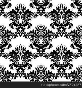 Heavy ornate seamless arabesque pattern with closely packed large floral motifs in black and white suitable for damask style fabric. Heavy ornate seamless arabesque pattern