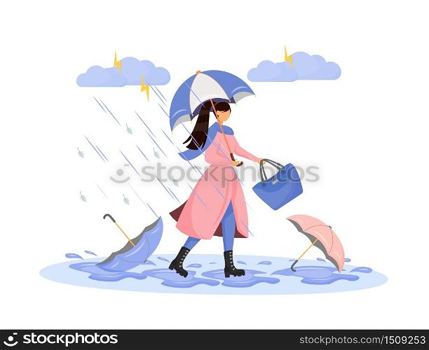 Heavy rainfall flat color vector faceless character. Seasonal thunderstorm. Woman in raincoat with umbrella. Puddles outdoor from storm. Bad autumn weather isolated cartoon illustration
