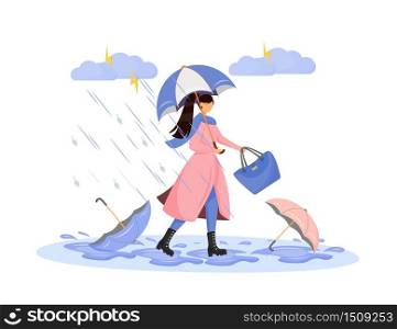 Heavy rainfall flat color vector faceless character. Seasonal thunderstorm. Woman in raincoat with umbrella. Puddles outdoor from storm. Bad autumn weather isolated cartoon illustration