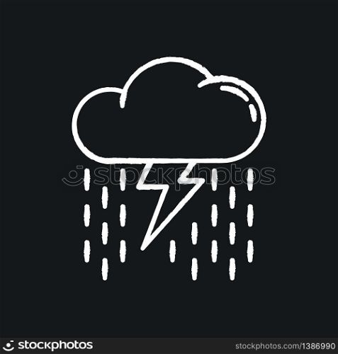 Heavy showers chalk white icon on black background. Weather prediction, meteo forecast. Strong rainstorm, cloudburst. Raining thundercloud with lightning bolt isolated vector chalkboard illustration. Heavy showers chalk white icon on black background