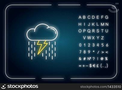 Heavy showers neon light icon. Outer glowing effect. Weather prediction, meteo forecast sign with alphabet, numbers and symbols. Raining thundercloud vector isolated RGB color illustration. Heavy showers neon light icon