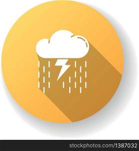 Heavy showers yellow flat design long shadow glyph icon. Weather prediction, meteo forecast. Strong rainstorm, cloudburst. Raining thundercloud with lightning bolt silhouette RGB color illustration. Heavy showers yellow flat design long shadow glyph icon