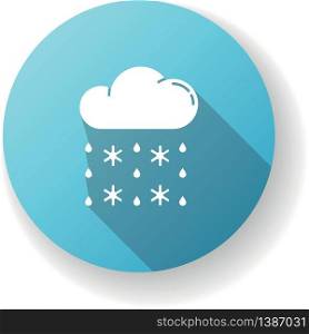 Heavy snow, sleet blue flat design long shadow glyph icon. Winter weather forecast, meteorology. Atmospheric precipitation. Cloud with snowflakes and raindrops silhouette RGB color illustration. Heavy snow, sleet blue flat design long shadow glyph icon