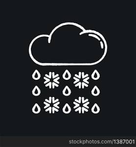 Heavy snow, sleet chalk white icon on black background. Winter weather forecast, meteorology. Atmospheric precipitation. Cloud with snowflakes and raindrops isolated vector chalkboard illustration. Heavy snow, sleet chalk white icon on black background