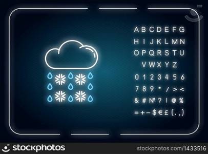 Heavy snow, sleet neon light icon. Outer glowing effect. Winter weather forecast sign with alphabet, numbers and symbols. Cloud with snowflakes and raindrops vector isolated RGB color illustration. Heavy snow, sleet neon light icon