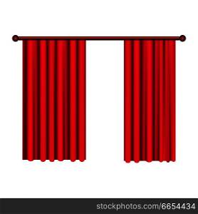 Heavy straight drapes of red fabric vector isolated on white background. Classic curtains in victorian style on cornice illustration for window dressing and interior design concepts