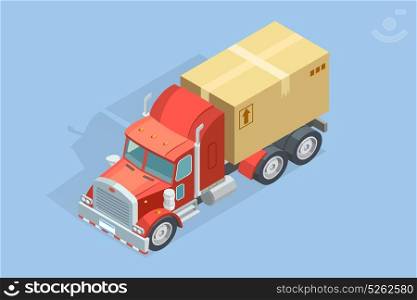 Heavy Truck Isometric Template. Heavy truck isometric template with carton parcel on blue background isolated vector illustration