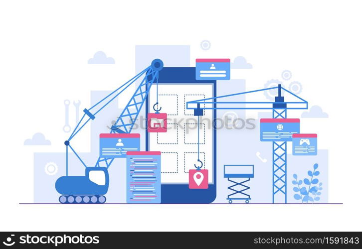 Heavy Vehicle Build Mobile App Development Process Flat Illustration