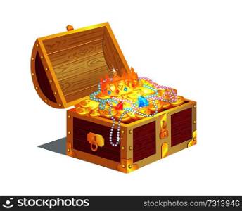Heavy wooden chest full of ancient gold treasures. Bright gems, precious jewelry and shiny coins. Old royal treasure in container vector illustration.. Heavy Wooden Chest Full of Ancient Gold Treasures